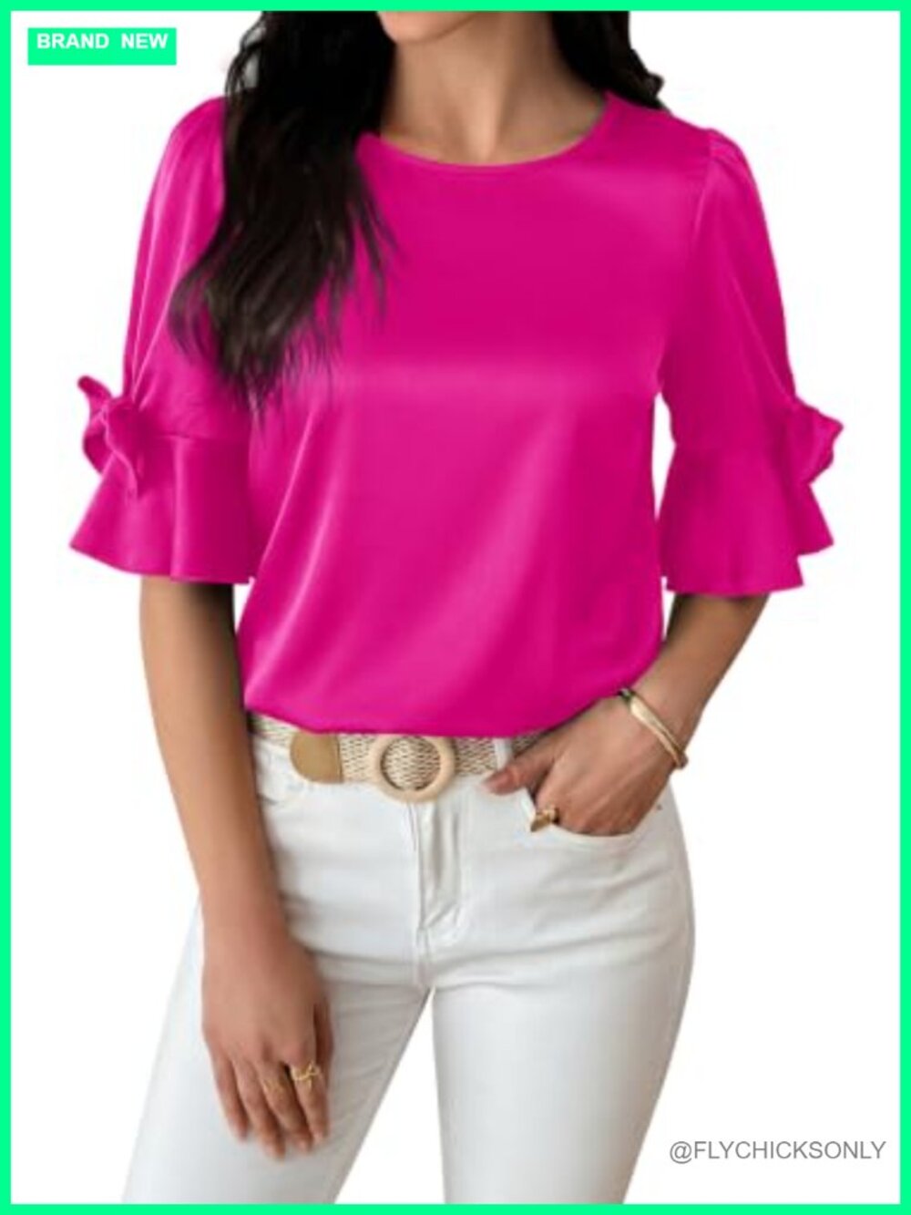 Silk Satin Round Neck Half Sleeve Bow Casual Tunic Top